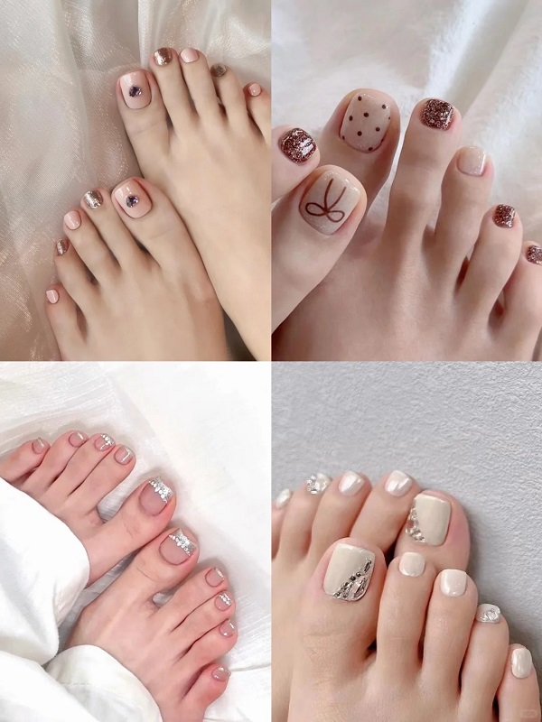 Mẫu nail chân cô dâu đính charm ngọc trai sang trọng