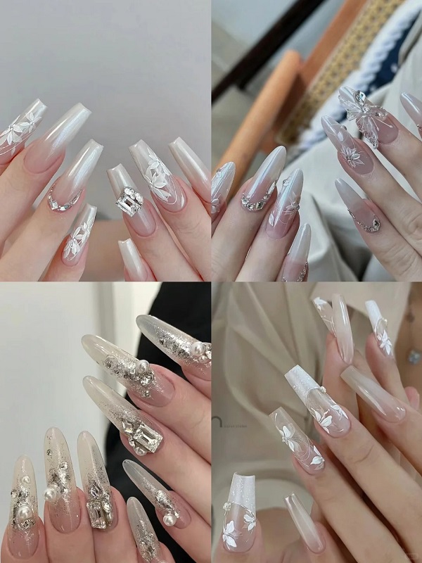 Mẫu nail cô dâu màu trắng đính đá nhẹ nhàng