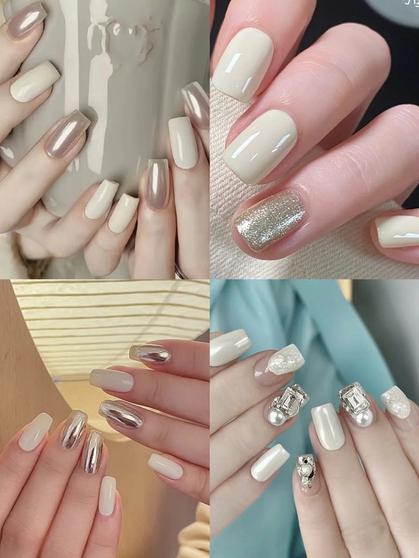 Mẫu nail cô dâu màu trắng đính đá phù hợp móng ngắn