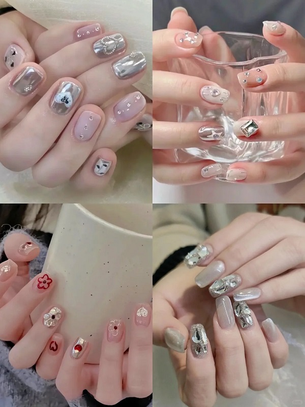 Mẫu nail tráng gương đính đá đính hạt tròn tinh tế