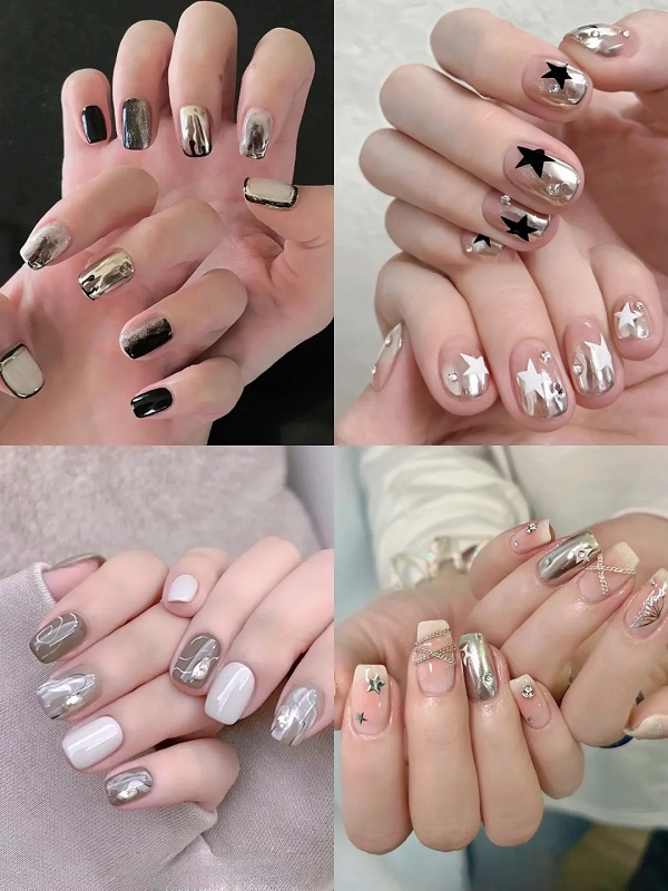 Mẫu nail tráng gương đính đá giúp bàn tay nổi bật