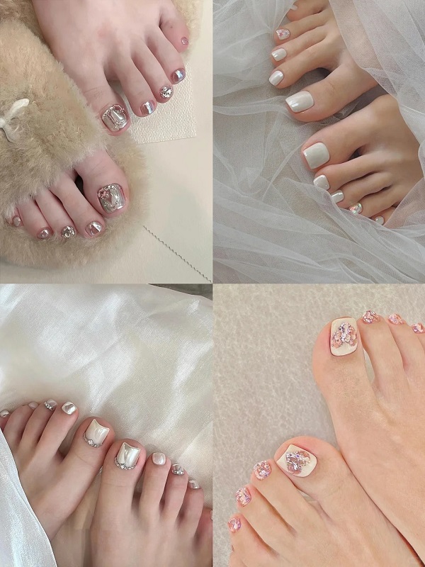 Nail chân cô dâu màu trắng sang trọng và thanh lịch