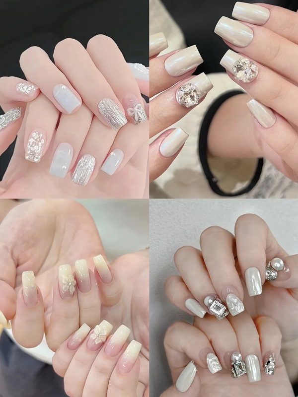 Nail cô dâu màu trắng đính đá ánh kim tinh tế