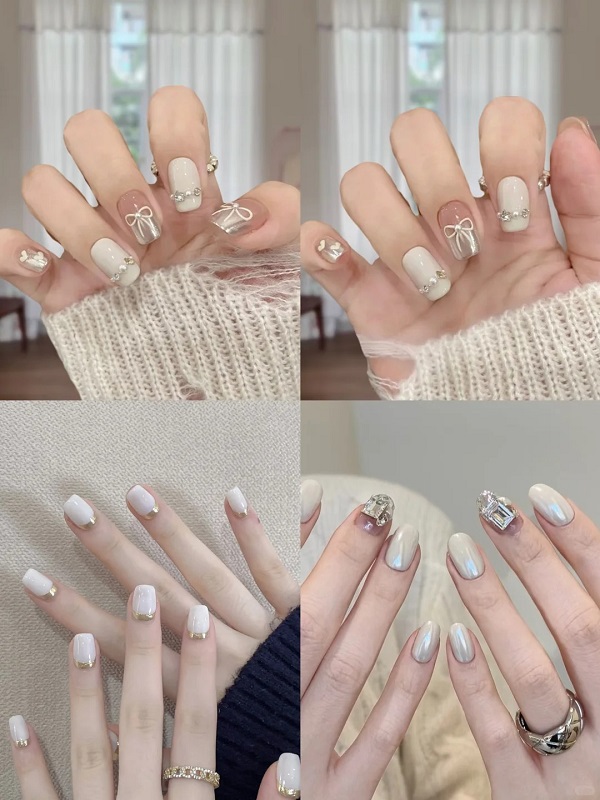 Nail cô dâu màu trắng đính đá dành cho mùa cưới