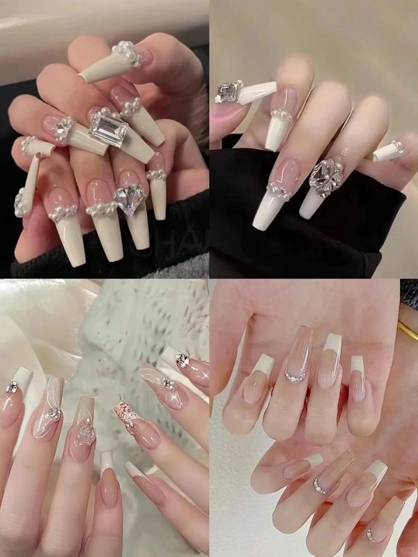 Nail cô dâu màu trắng đính đá đơn giản mà nổi bật