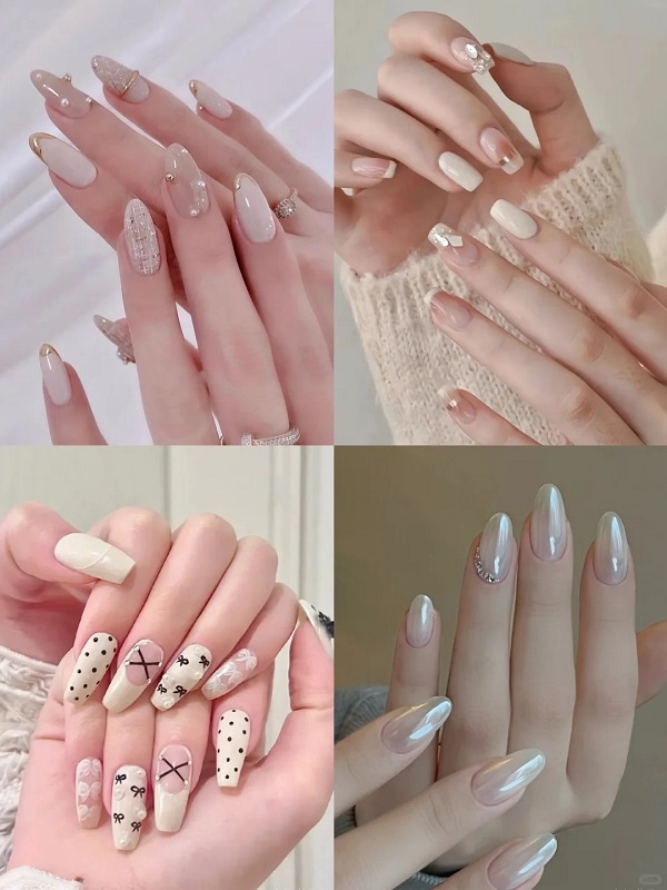 Nail cô dâu màu trắng đính đá giúp tôn da tay