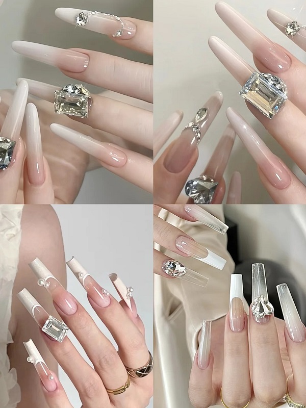 Nail cô dâu màu trắng đính đá phù hợp mọi tone da