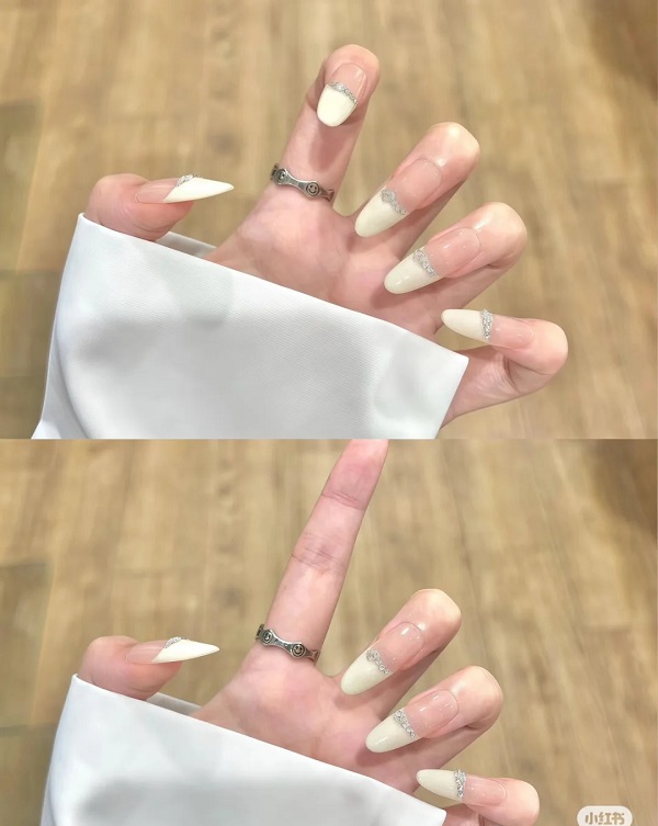Nail cô dâu màu trắng kết hợp đá và nhũ mềm mại