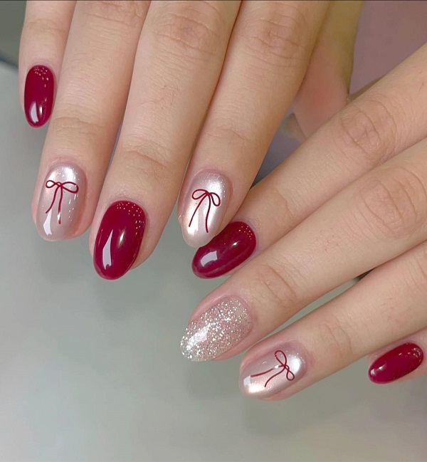 Nail đỏ trắng phối đá kim tuyến lấp lánh