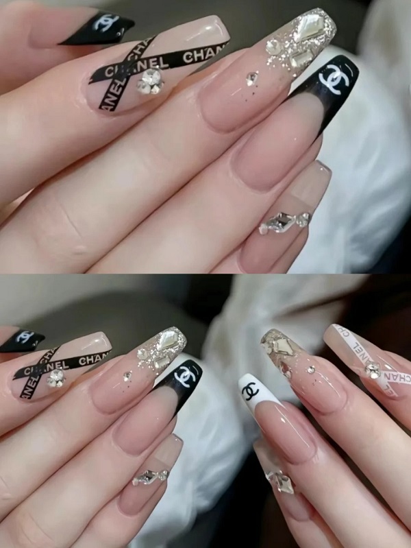 Nail trắng đen phong cách cool girl hiện đại