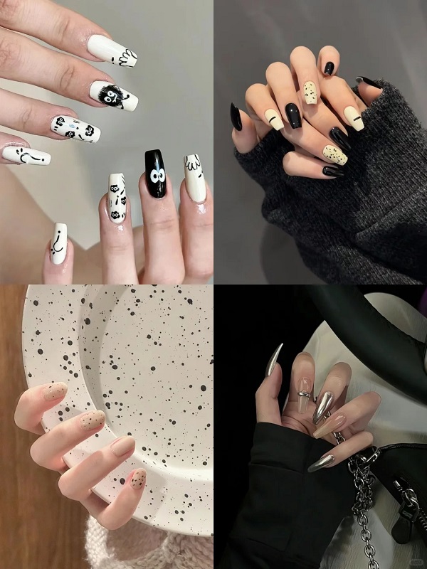 Nail trắng đen thiết kế nghệ thuật tối giản
