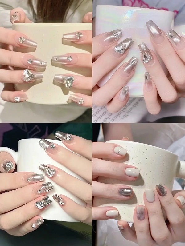 Nail tráng gương đính đá phối màu nude thời thượng