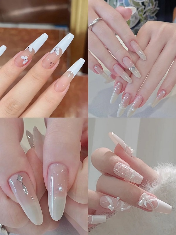Thiết kế nail cô dâu màu trắng sang trọng hiện đại