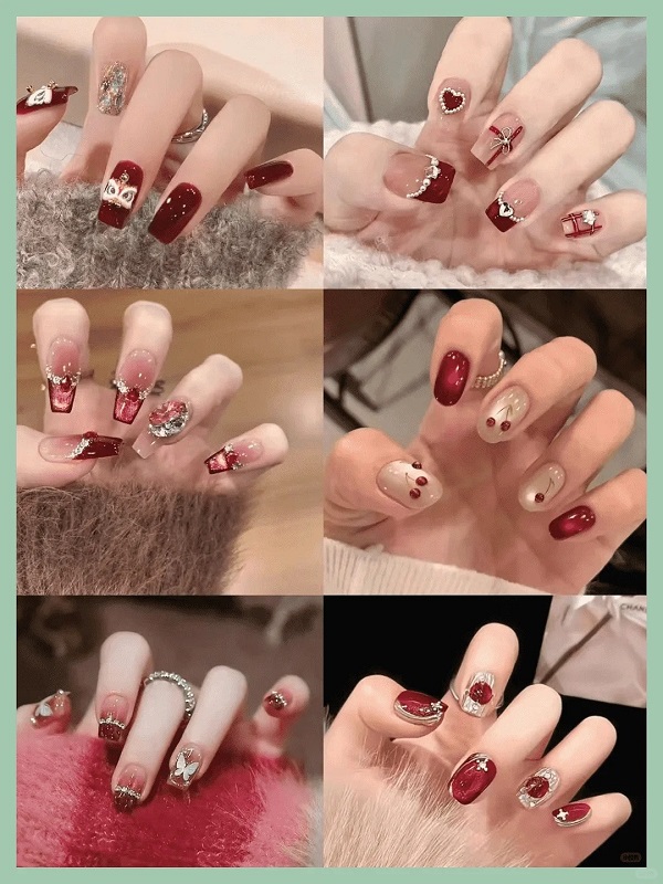 nail màu đỏ đính đá​ 2