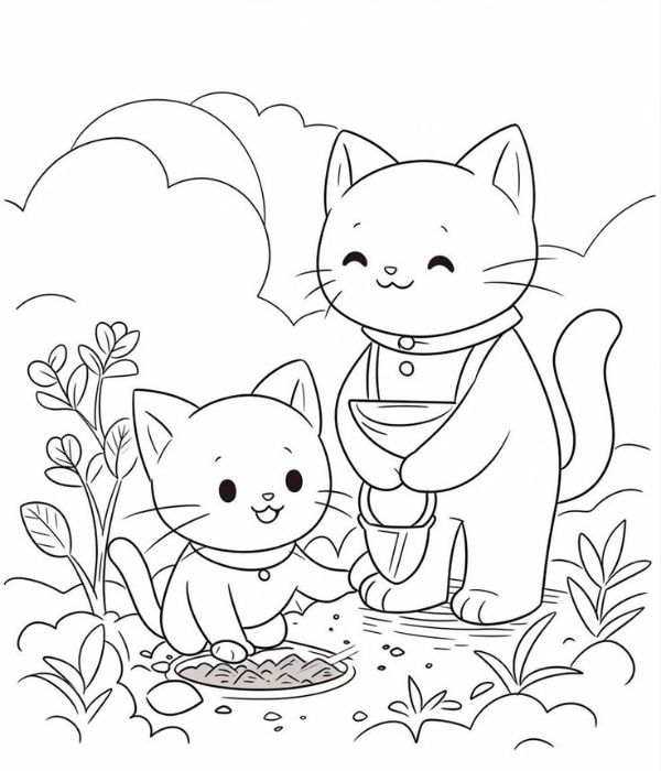 tranh tô màu gia đình mèo 7